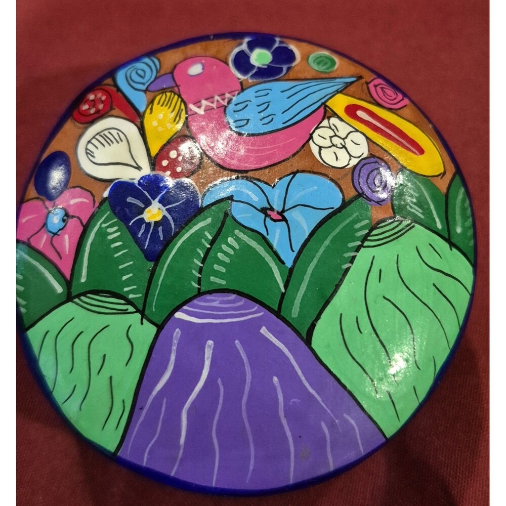 Signed Jose Luis Moracez Mexican Folk Art Xalitla Guerrero Painted Clay  Box